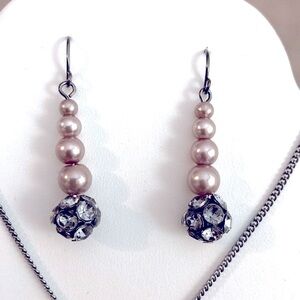 Anne Klein Pendant Necklace/Earrings Set Pink Pearls/Gunmetal-Tone/Rhinestones